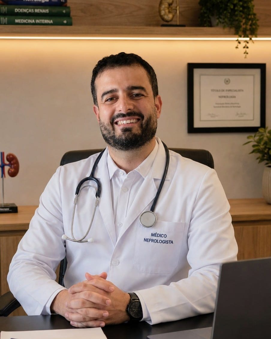 Dr. André Alcântara em consulta, revisando exames de função renal